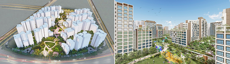 Artist’s illustration of the Garden Farmway, which serves as the main social-communal spine of Garden District (left). Garden Farmway flanked by Garden Vale @ Tengah and Garden Vines @ Tengah (right). (Actual design may differ)