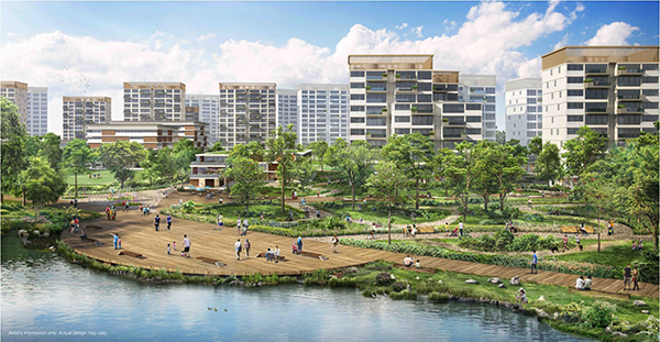 Artist’s impression of homes at Park District offering views of greenery and the waterfront.