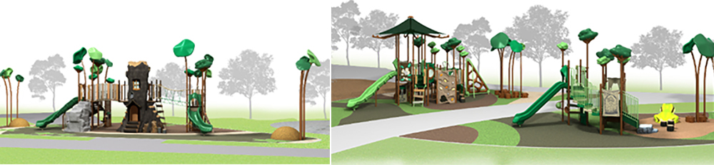Artist’s impressions of themed playgrounds resembling treehouses, rainforest canopies, and forest creatures such as frogs that will strengthen the visual identity of Park District and inspire imaginative play. Actual designs may differ. (Images courtesy of CT-Art)
